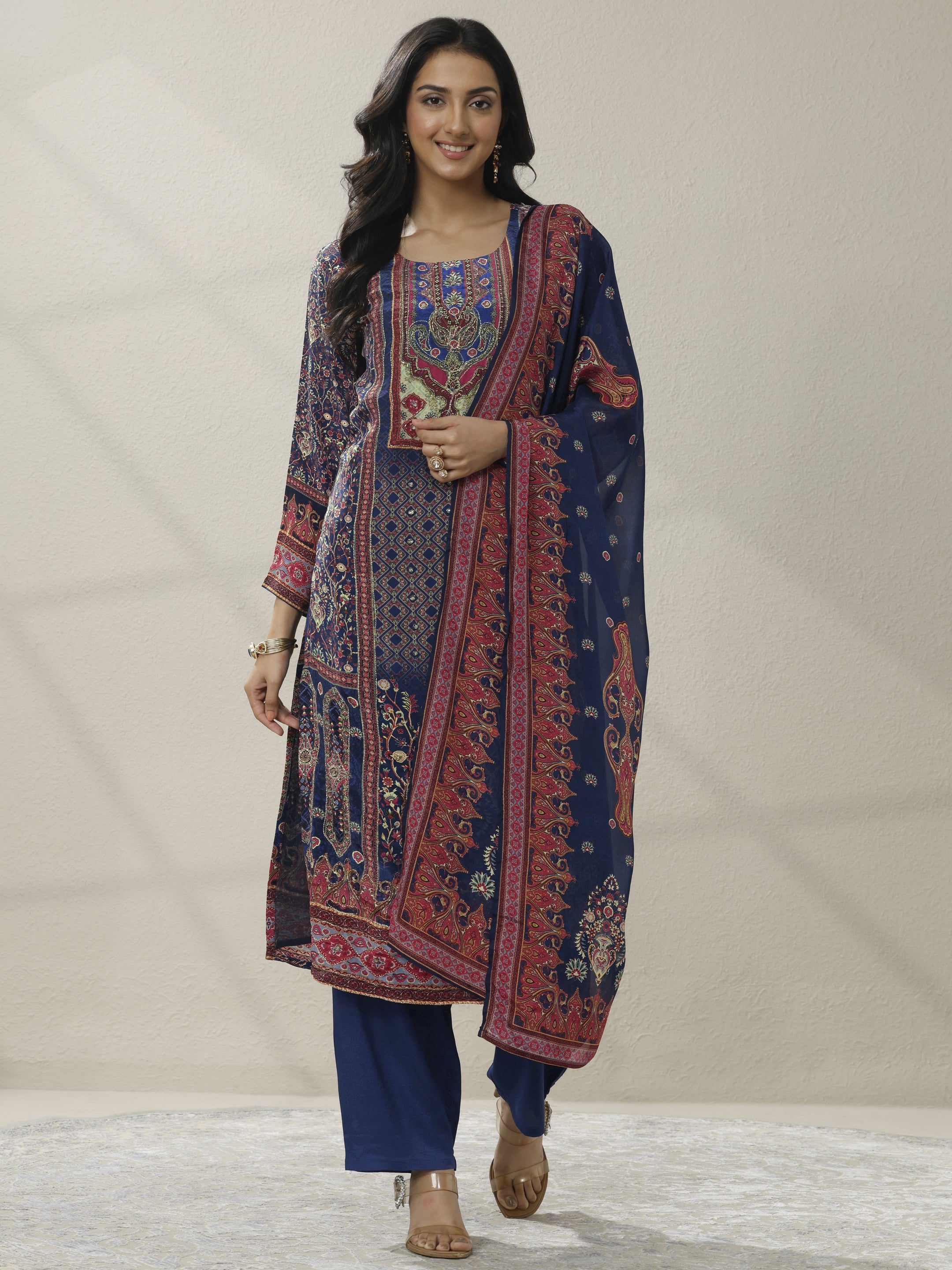 Blue Printed Muslin Straight Suit Set With Dupatta-image-14