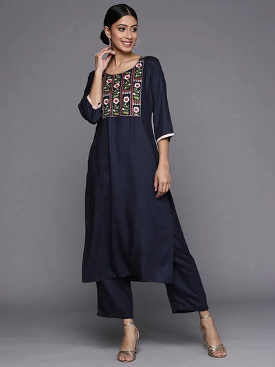 Blue Printed Pashmina Wool Kurta - Libas