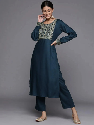 Blue Printed Pashmina Wool Kurta - Libas