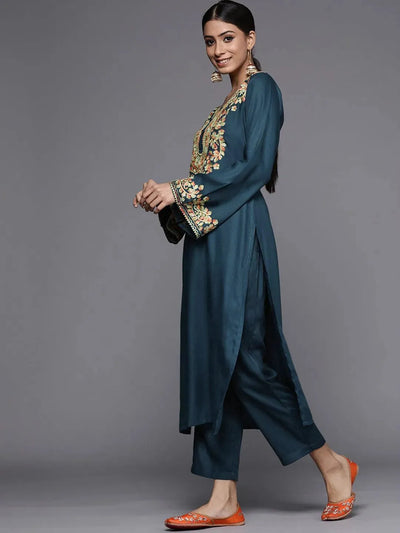 Blue Printed Pashmina Wool Kurta - Libas