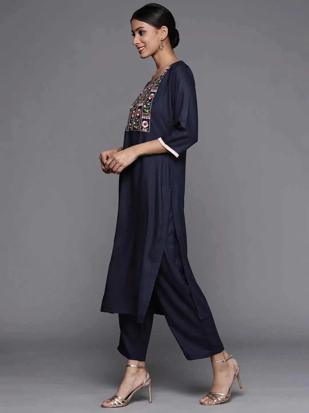 Blue Printed Pashmina Wool Kurta - Libas 