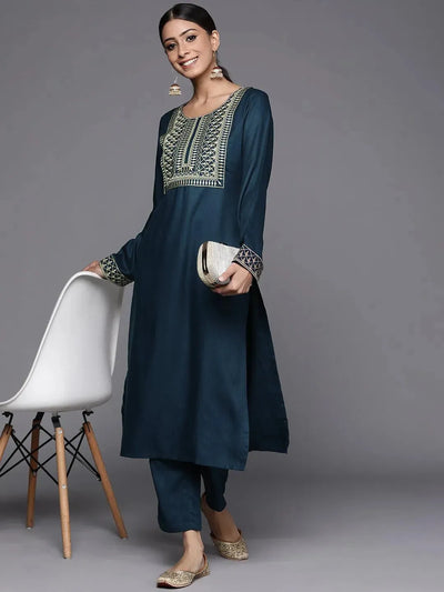 Blue Printed Pashmina Wool Kurta - Libas