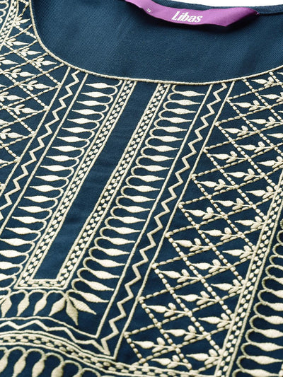 Blue Printed Pashmina Wool Kurta - Libas