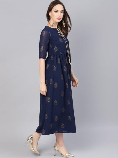 Blue Printed Polyester Dress - Libas
