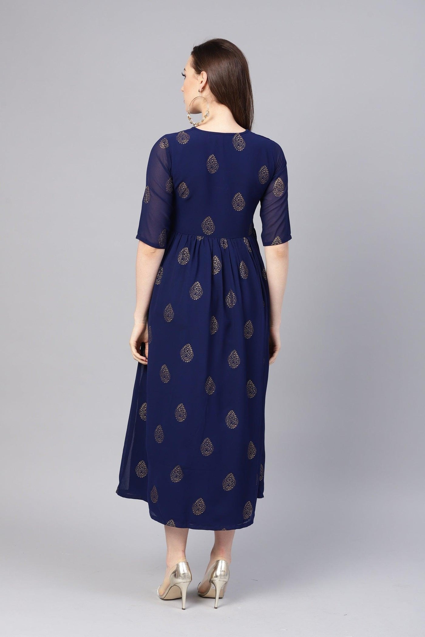 Blue Printed Polyester Dress - Libas