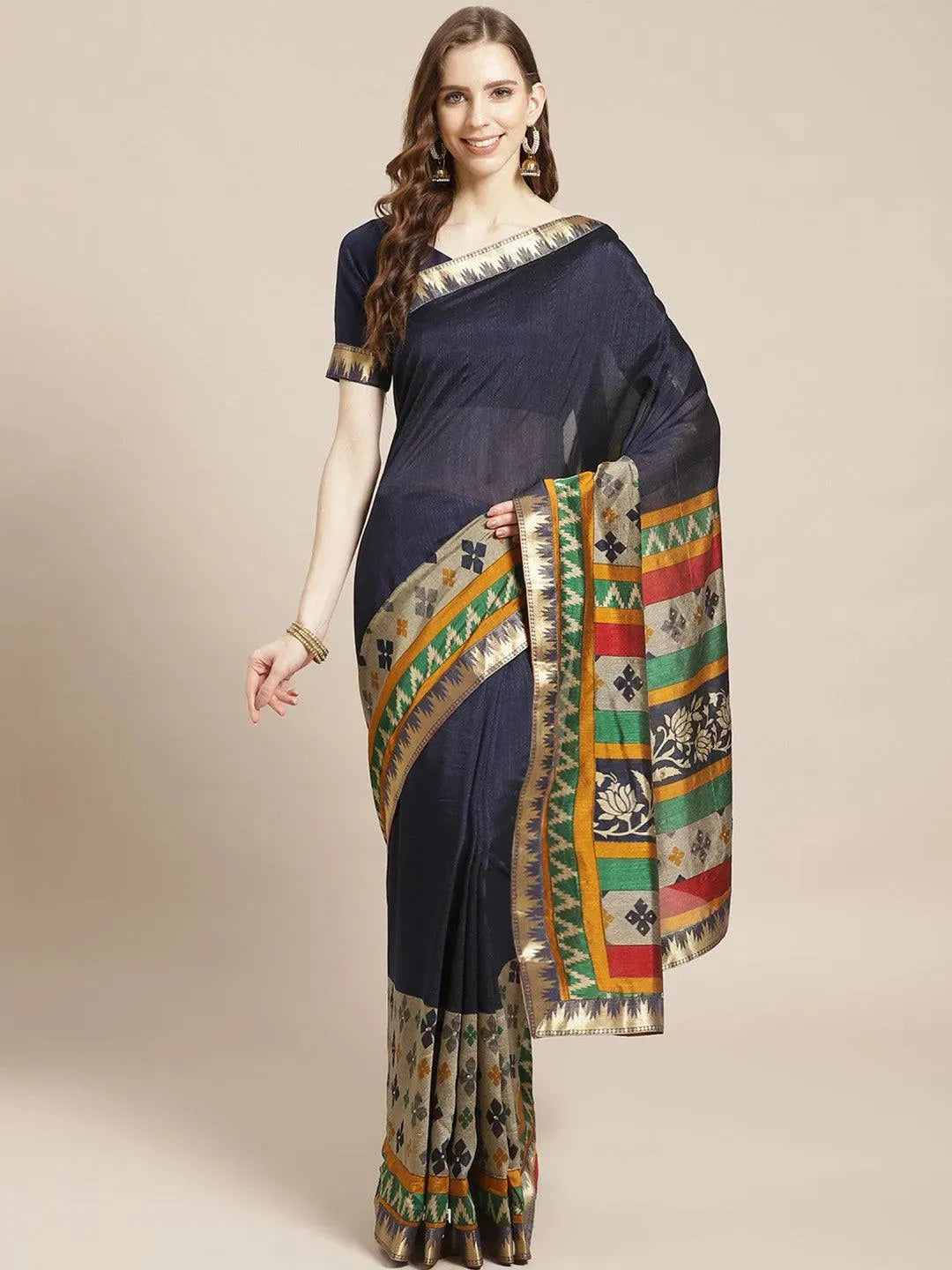 Blue Printed Polyester Saree - Libas