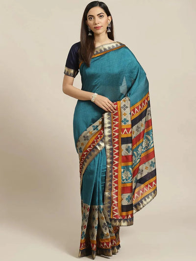 Blue Printed Polyester Saree - Libas