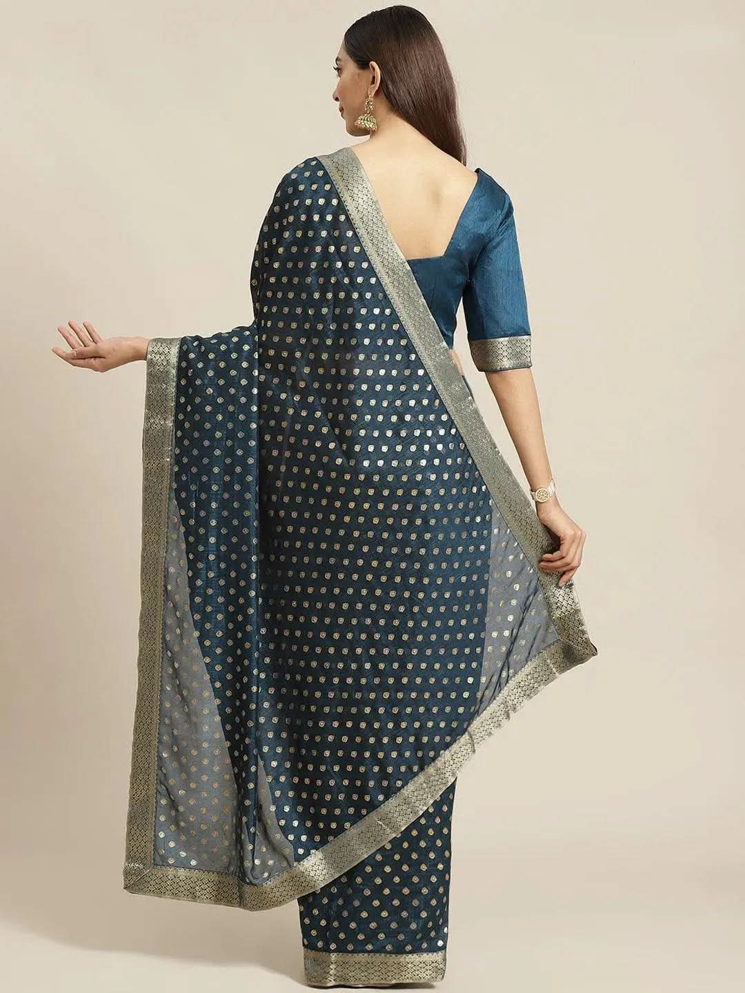 

Blue Printed Polyester Saree