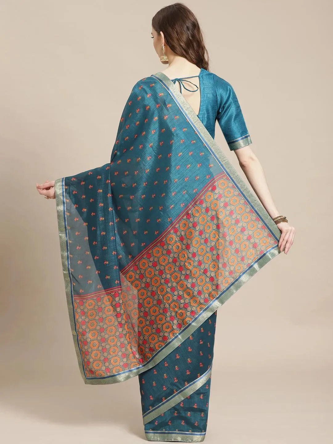 Blue Printed Polyester Saree - Libas 