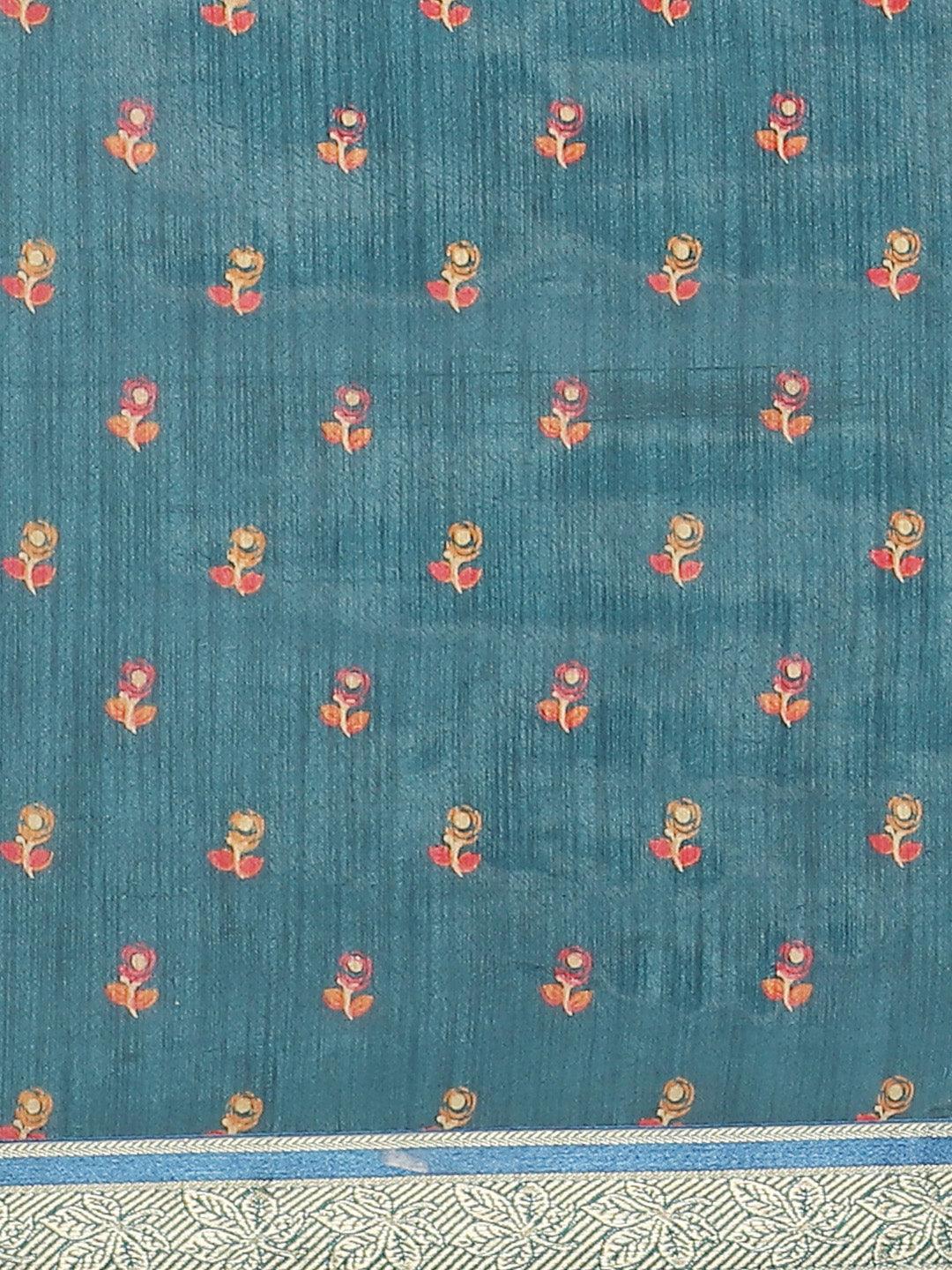 Blue Printed Polyester Saree - Libas