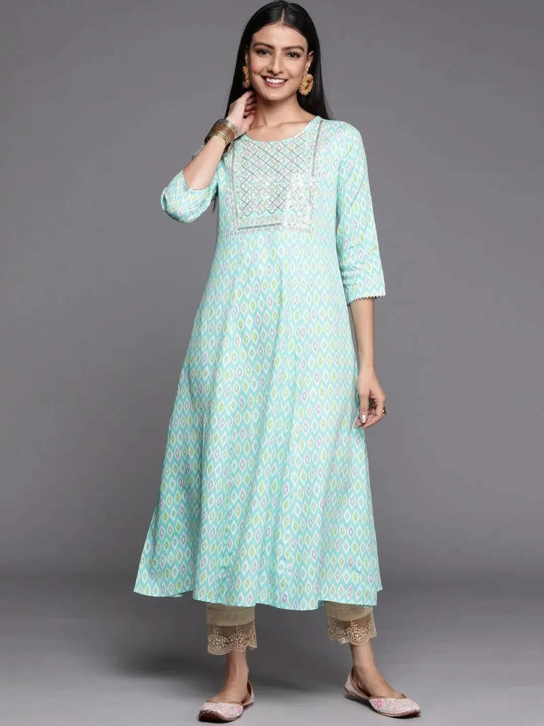 Blue Printed Rayon A-Line Kurta - Libas