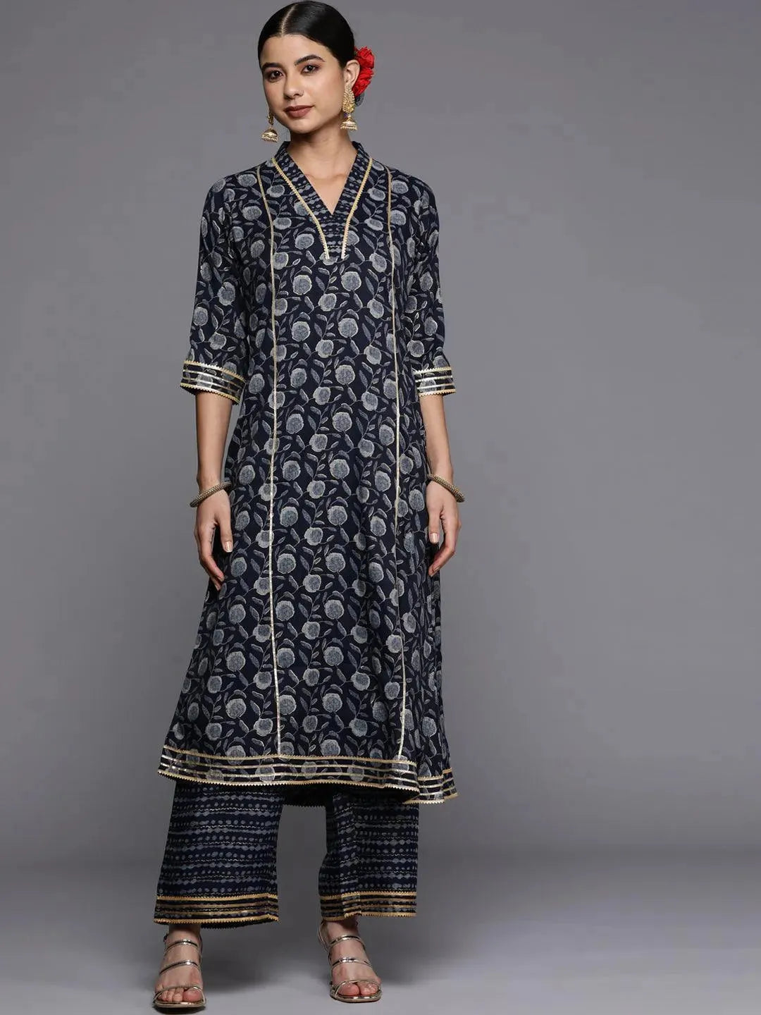 Blue Printed Rayon A-Line Kurta - Libas