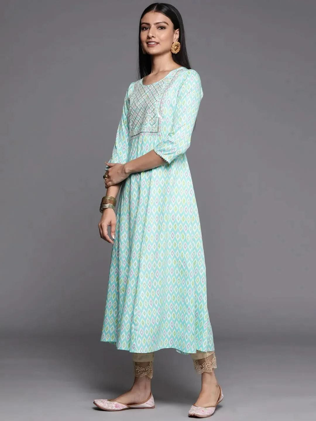 Blue Printed Rayon A-Line Kurta - Libas