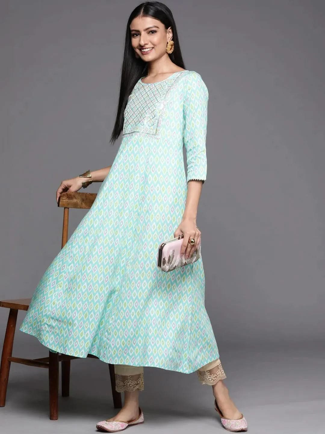 Blue Printed Rayon A-Line Kurta - Libas