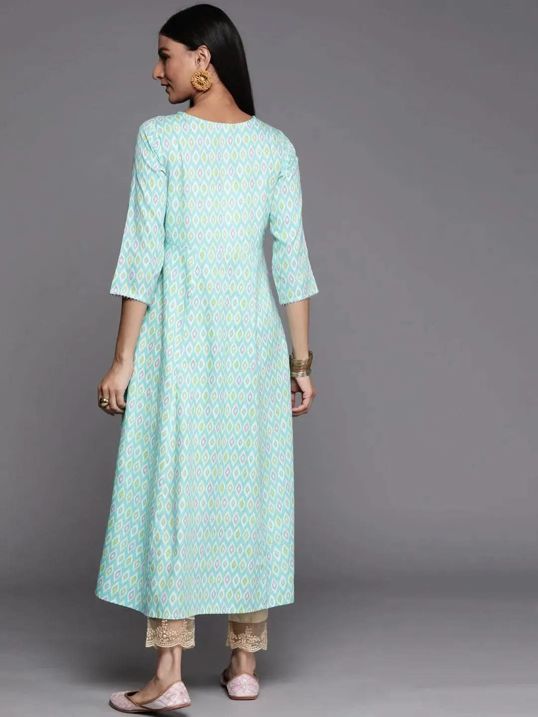 Blue Printed Rayon A-Line Kurta - Libas 