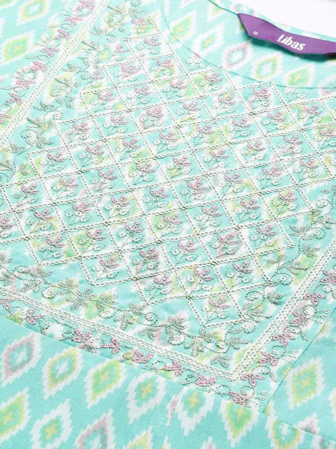Blue Printed Rayon A-Line Kurta - Libas 