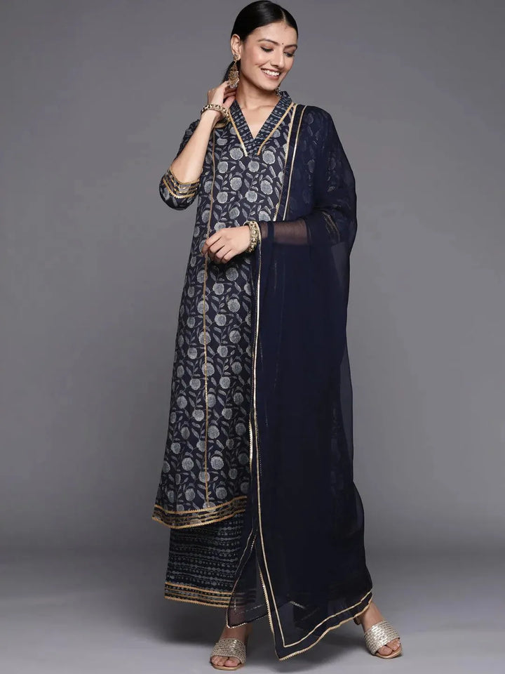Blue Printed Rayon A-Line Suit Set - Libas