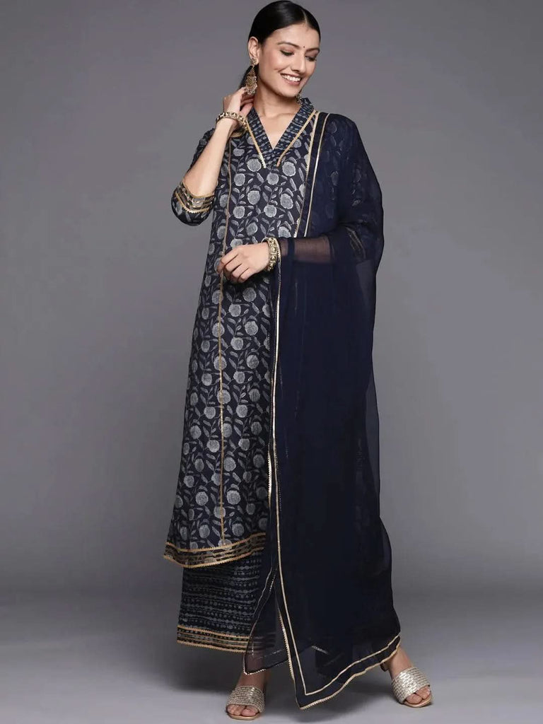 Libas Blue Printed Rayon A-Line Kurta With Palazzos & Dupatta