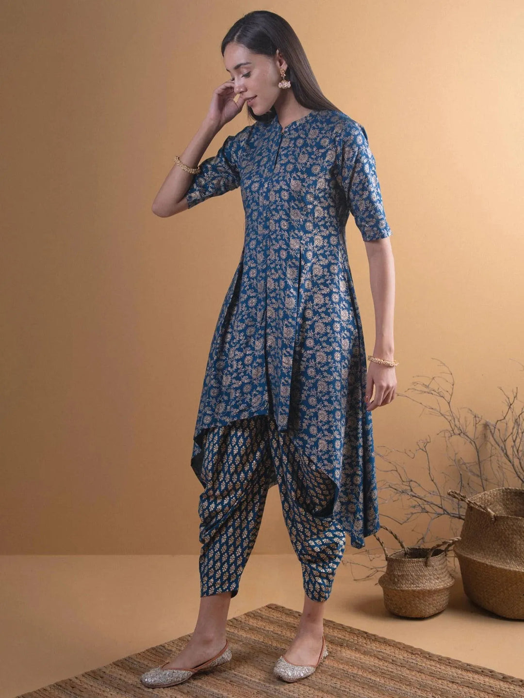 Blue Printed Rayon Kurta Set - Libas 