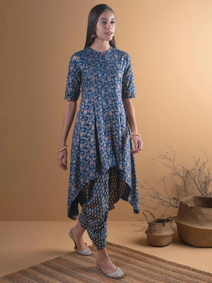 Blue Printed Rayon Kurta Set - Libas