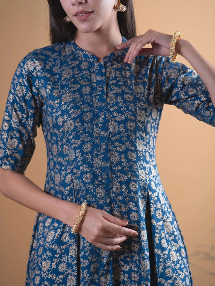 Blue Printed Rayon Kurta Set - Libas