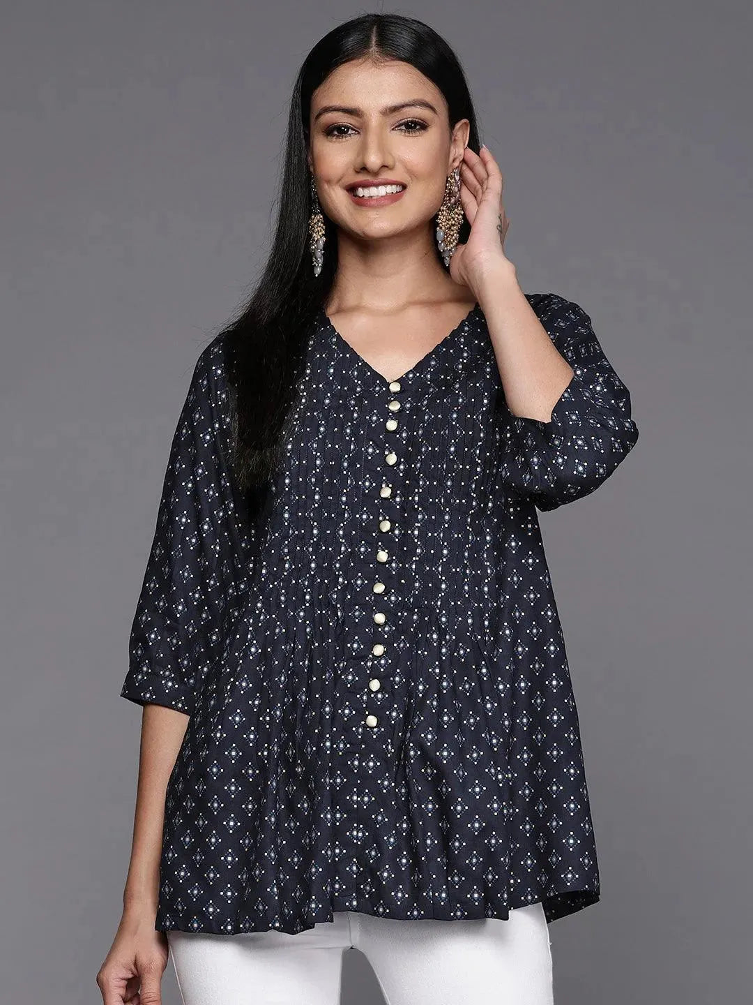 Blue Printed Rayon A-Line Kurti - Libas