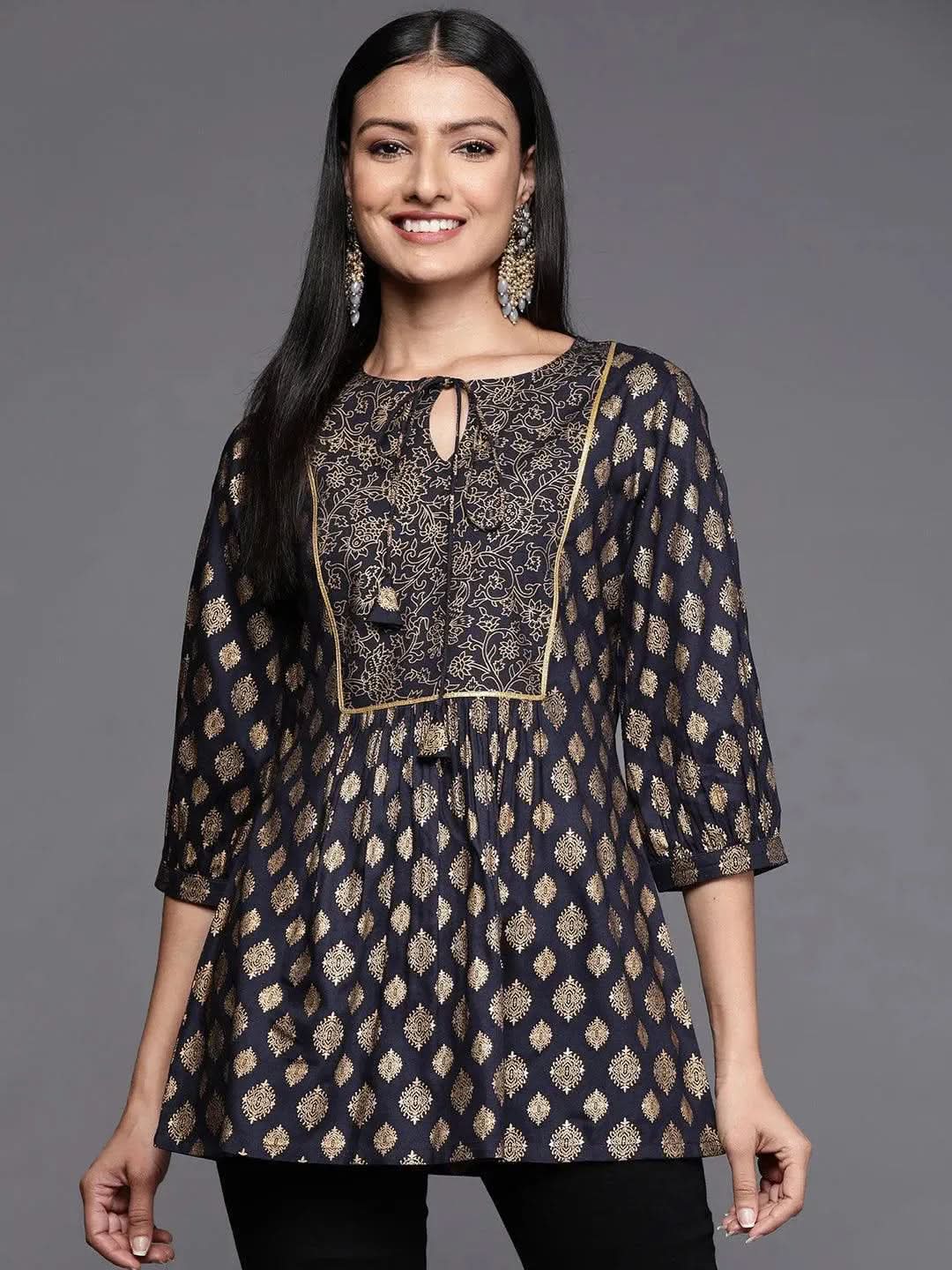 

Blue Printed Rayon A-Line Kurti
