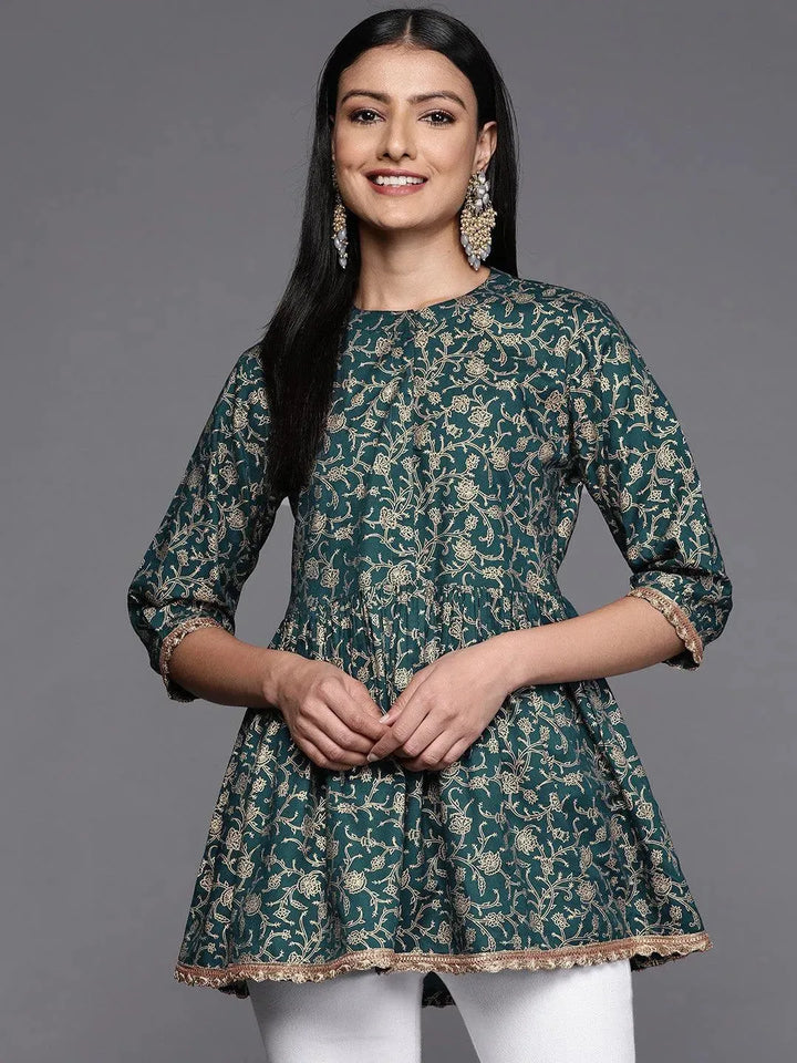 Blue Printed Rayon A-Line Kurti - Libas