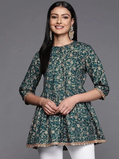 Blue Printed Rayon A-Line Kurti - Libas