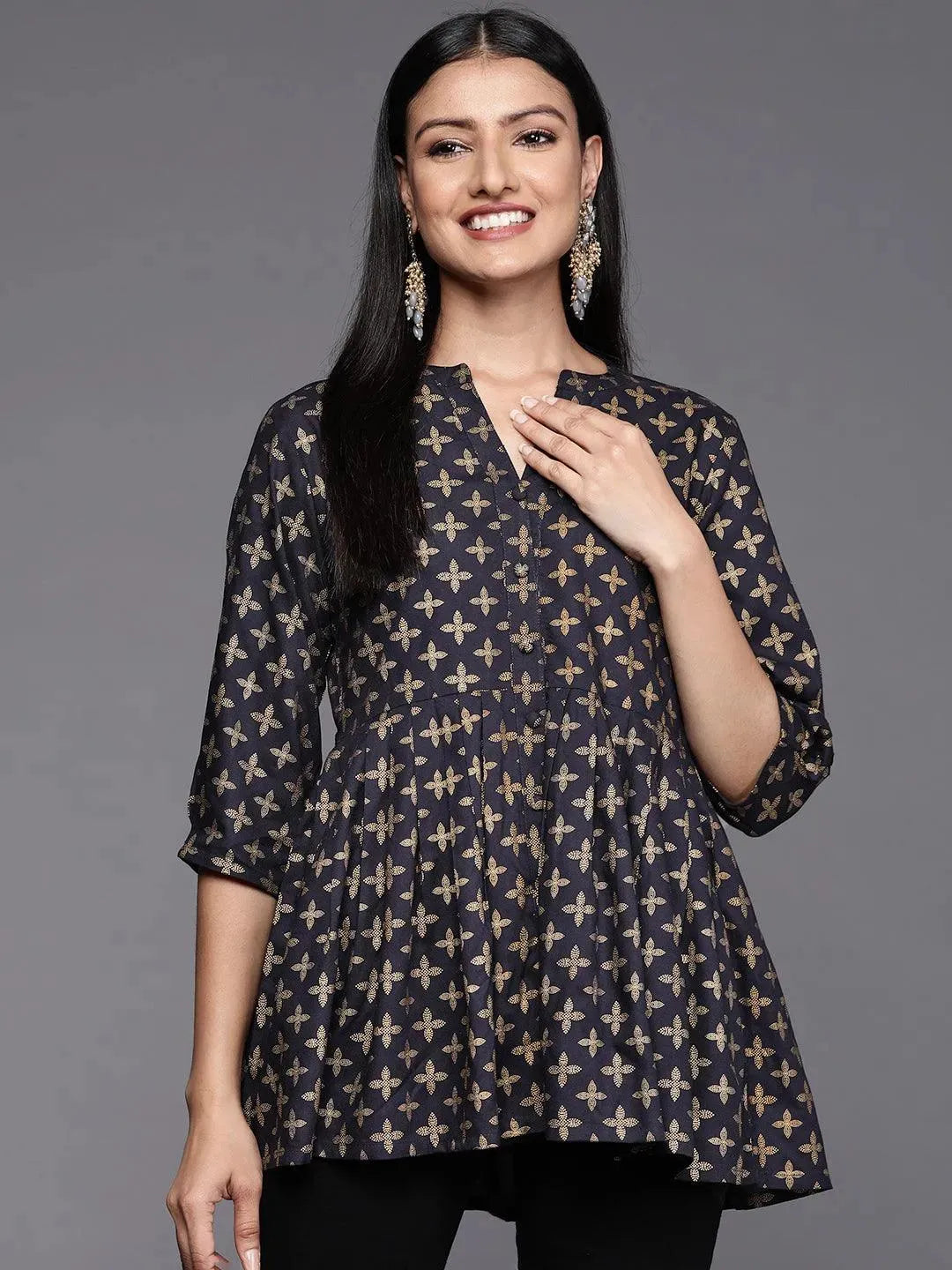 Blue Printed Rayon A-Line Kurti - Libas 