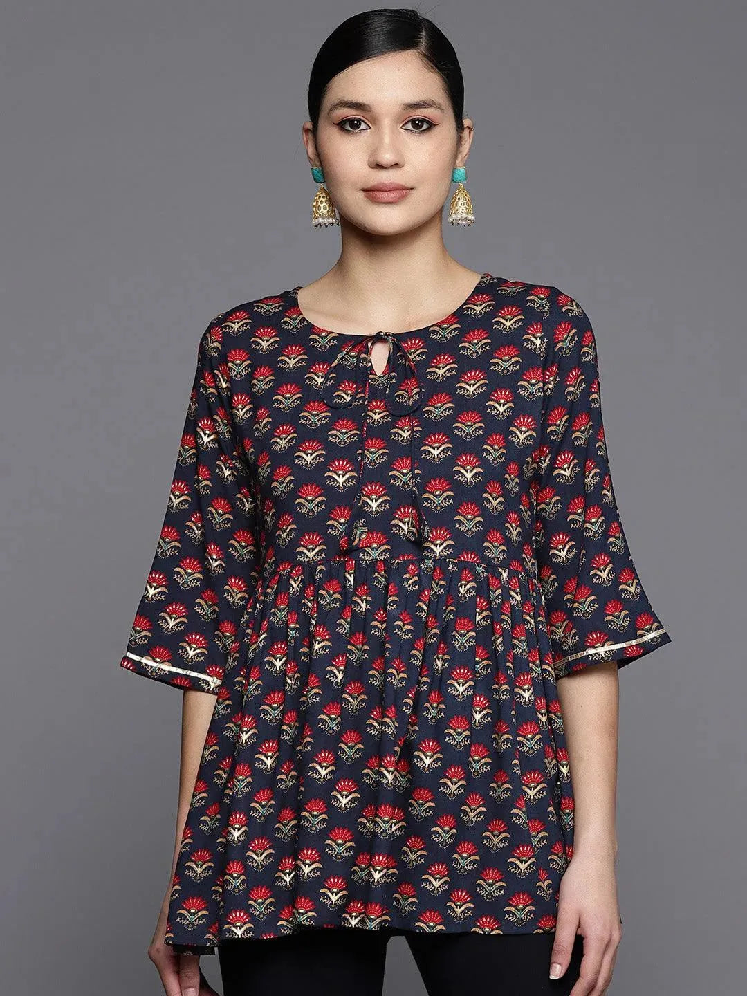 Blue Printed Rayon A-Line Kurti - Libas 