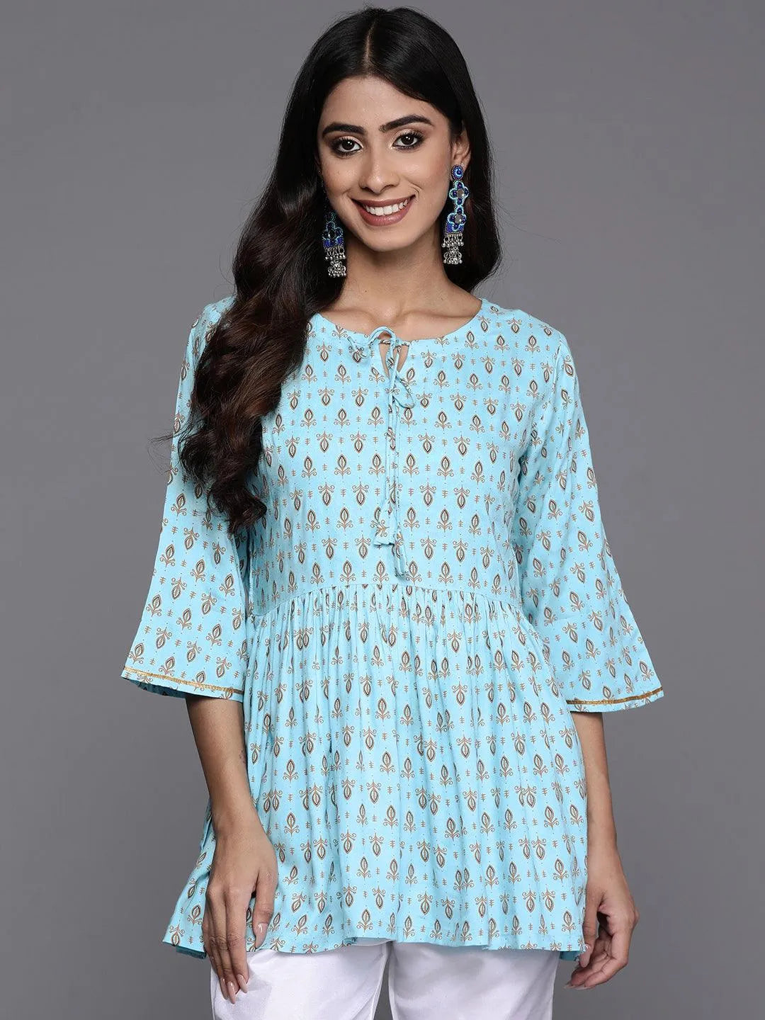 Blue Printed Rayon A-Line Kurti - Libas