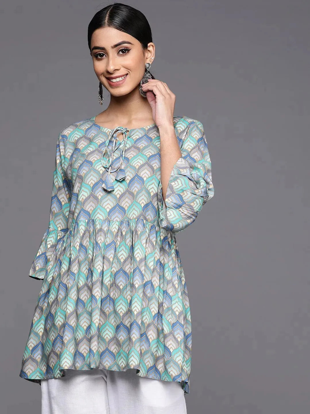 Blue Printed Rayon A-Line Kurti - Libas