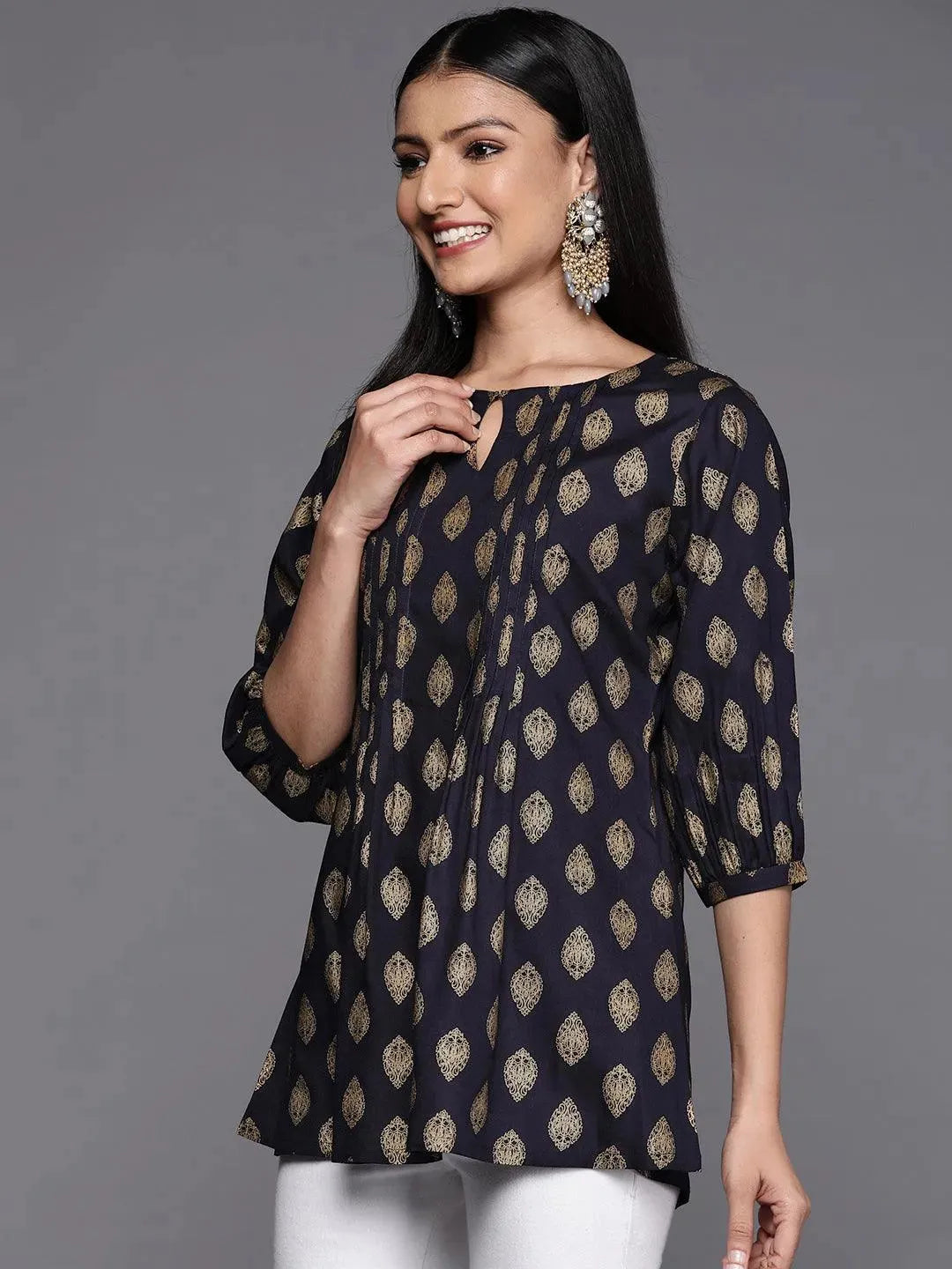 Blue Printed Rayon A-Line Kurti - Libas 