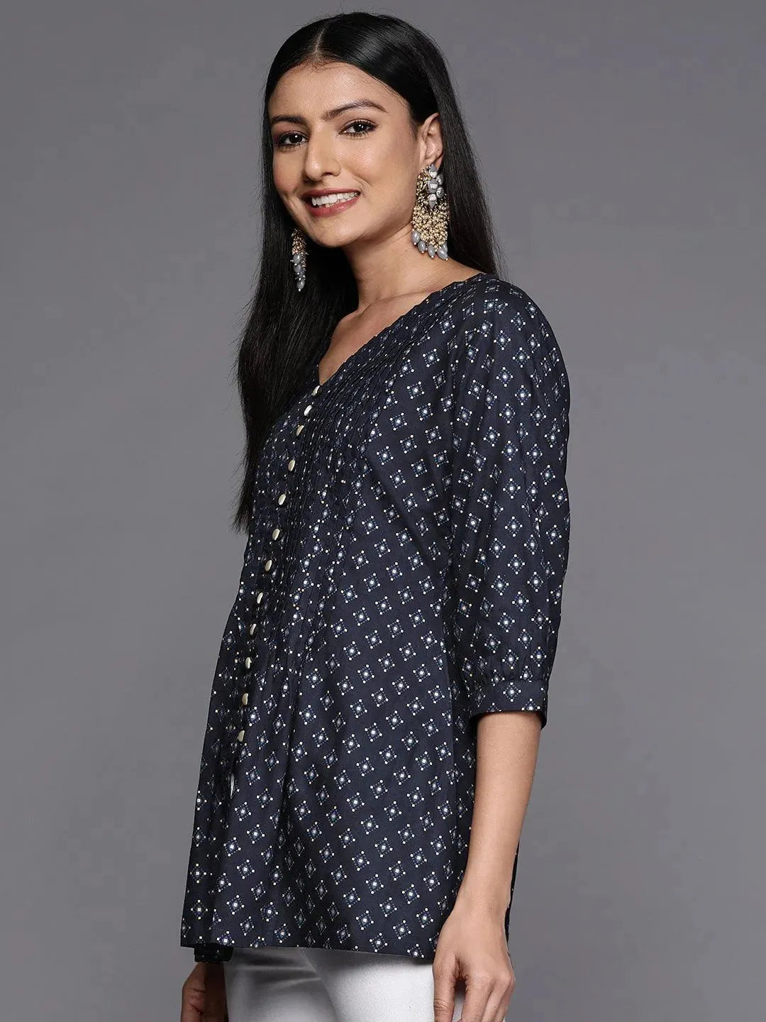 Blue Printed Rayon A-Line Kurti - Libas