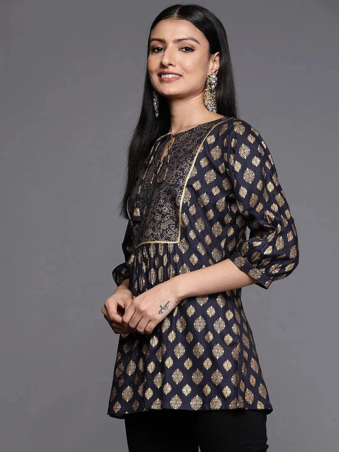 Blue Printed Rayon A-Line Kurti - Libas 