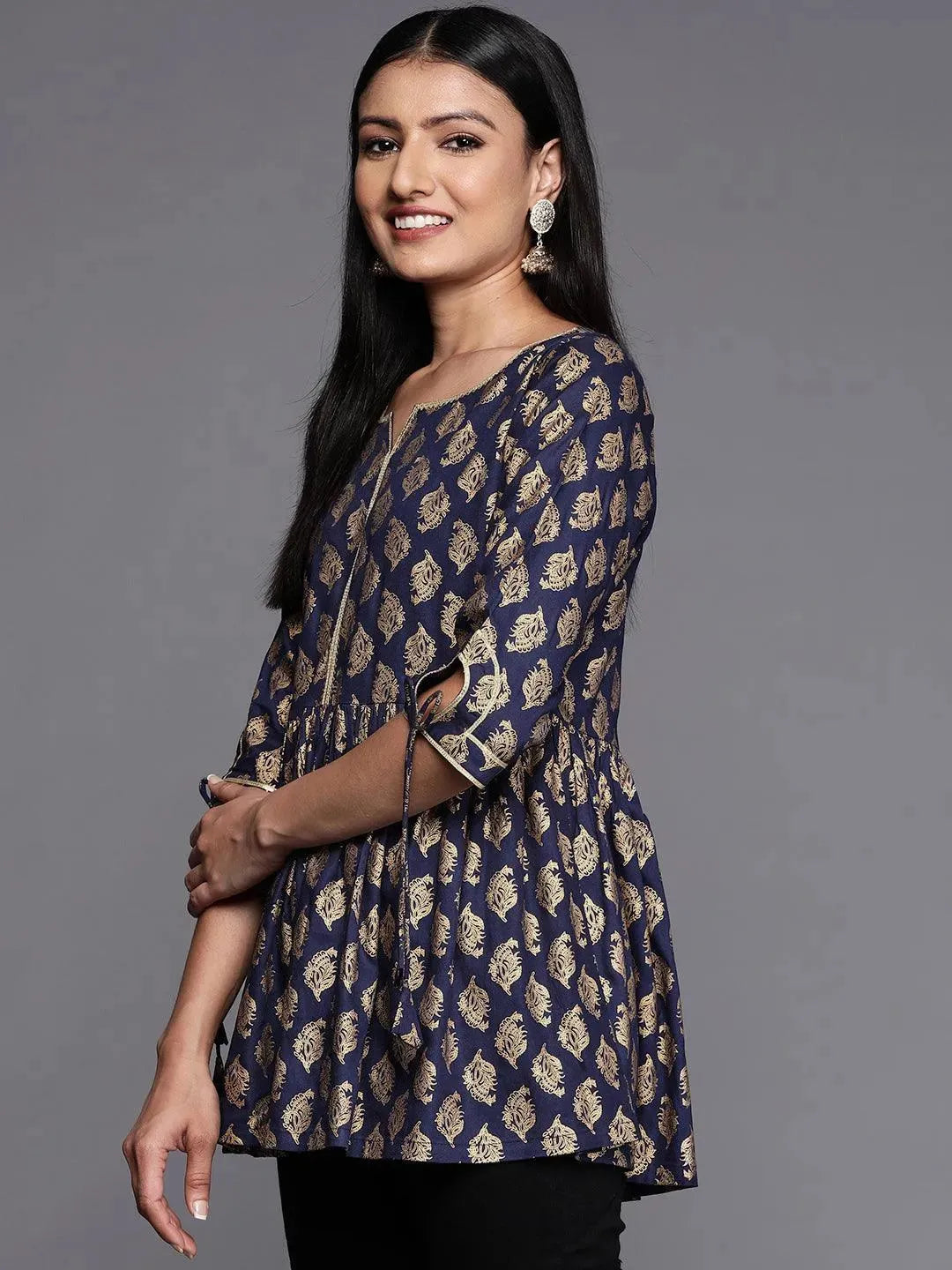 Blue Printed Rayon A-Line Kurti - Libas