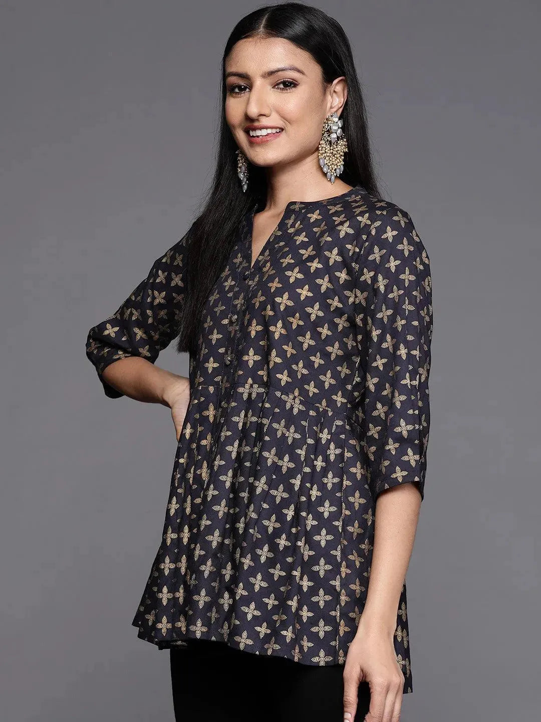 Blue Printed Rayon A-Line Kurti - Libas