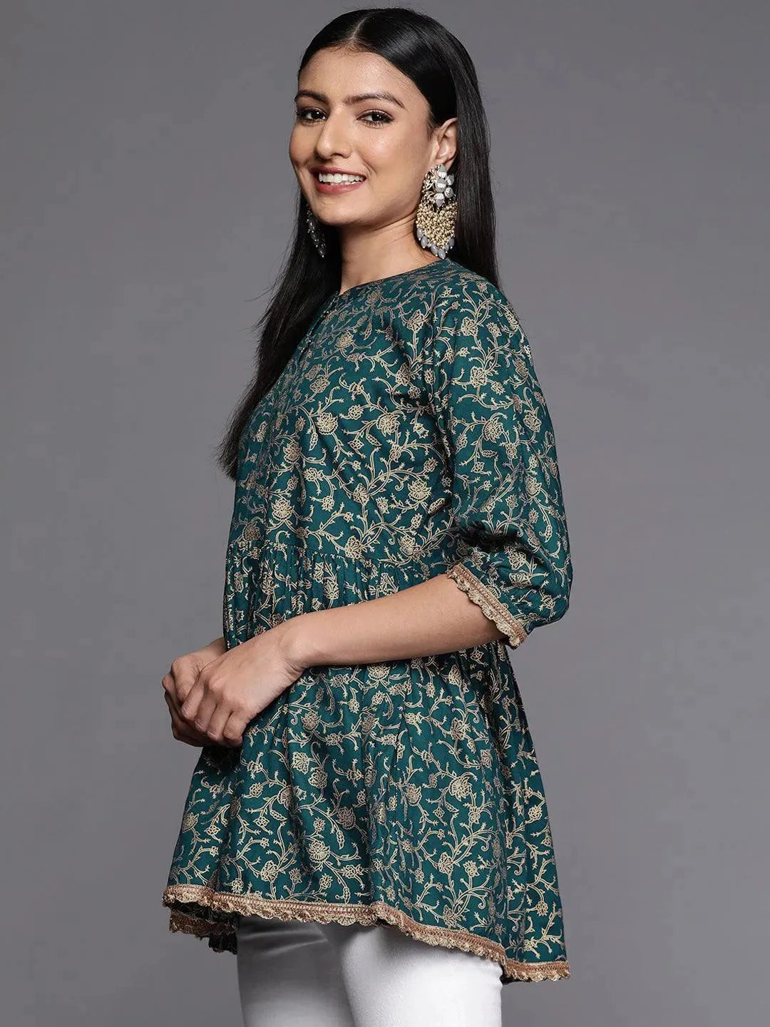 Blue Printed Rayon A-Line Kurti - Libas