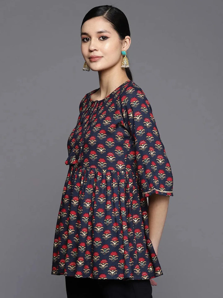 Blue Printed Rayon A-Line Kurti - Libas