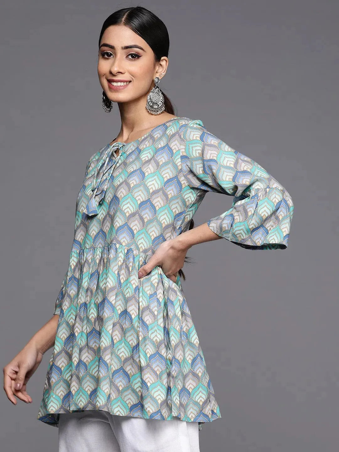 Blue Printed Rayon A-Line Kurti - Libas