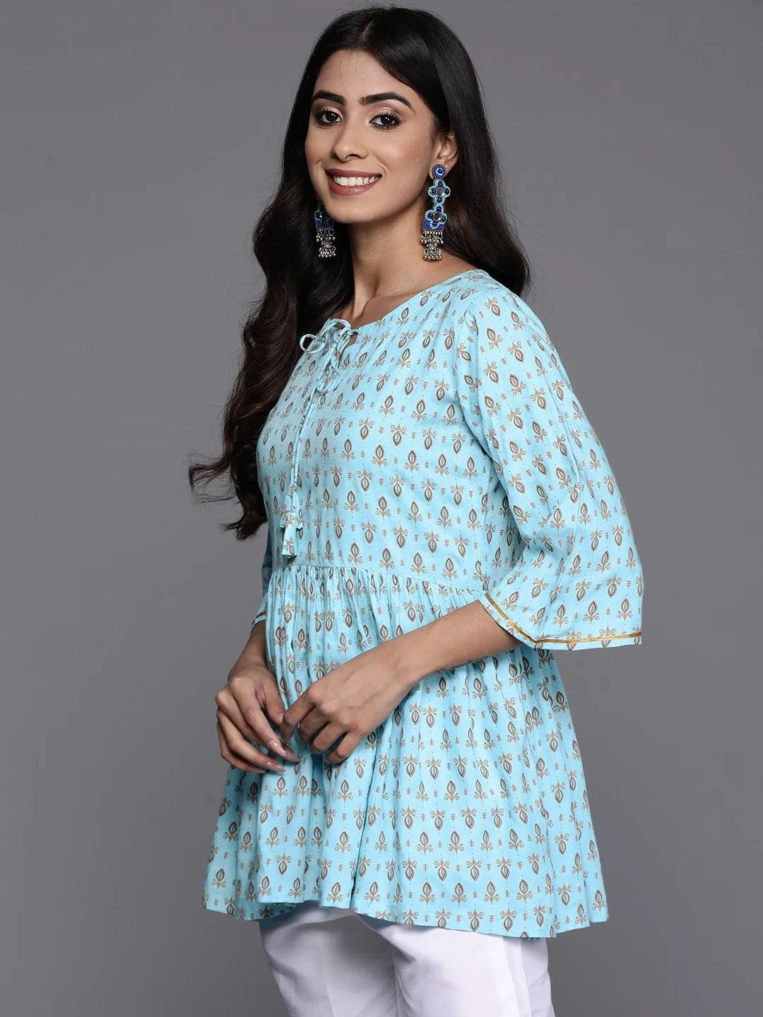 Blue Printed Rayon A-Line Kurti - Libas 