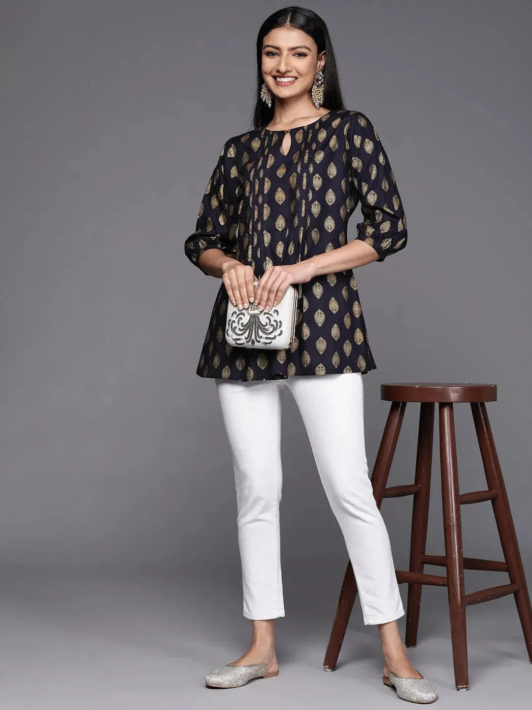 Blue Printed Rayon A-Line Kurti - Libas 