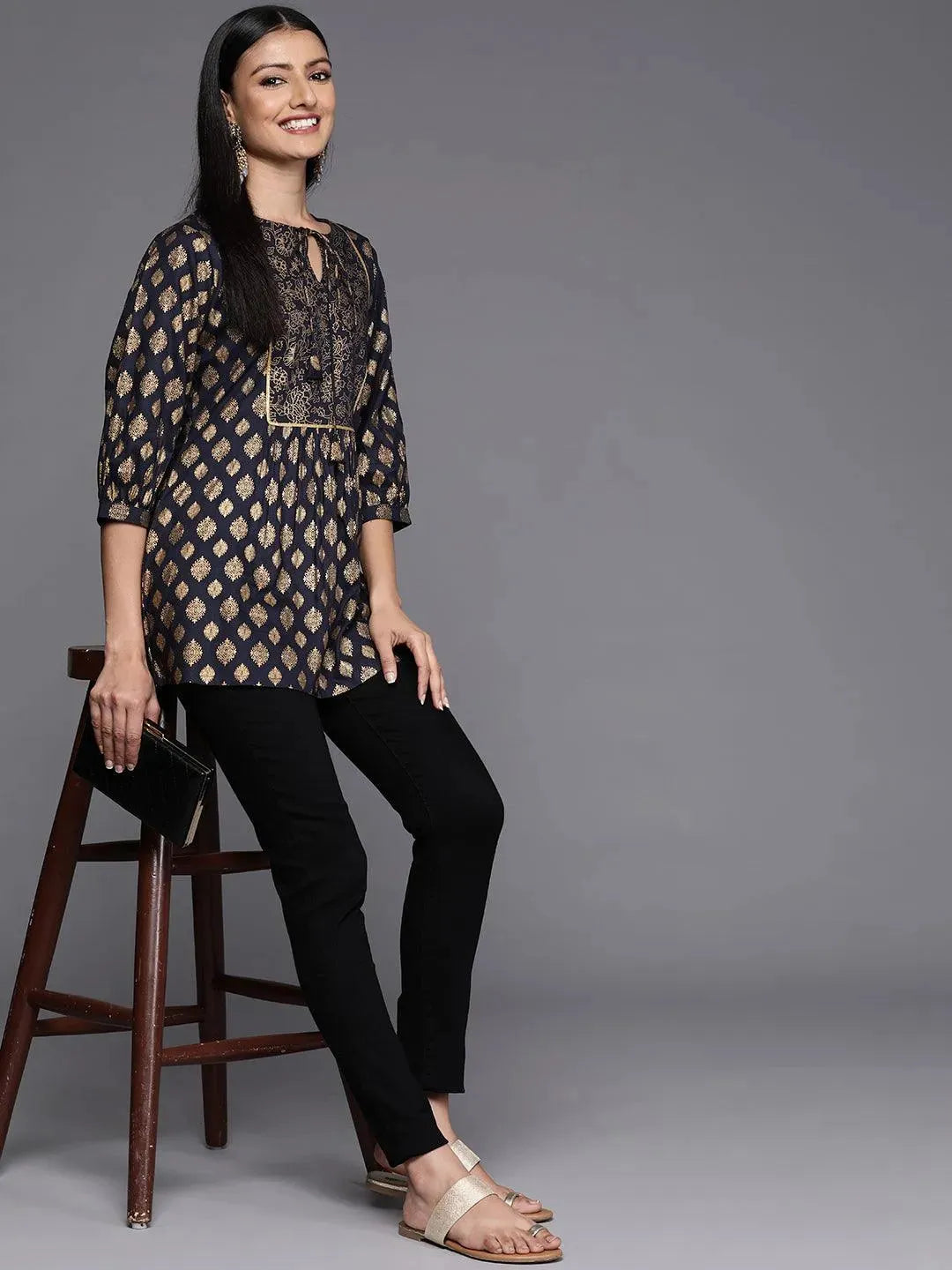 Blue Printed Rayon A-Line Kurti - Libas 