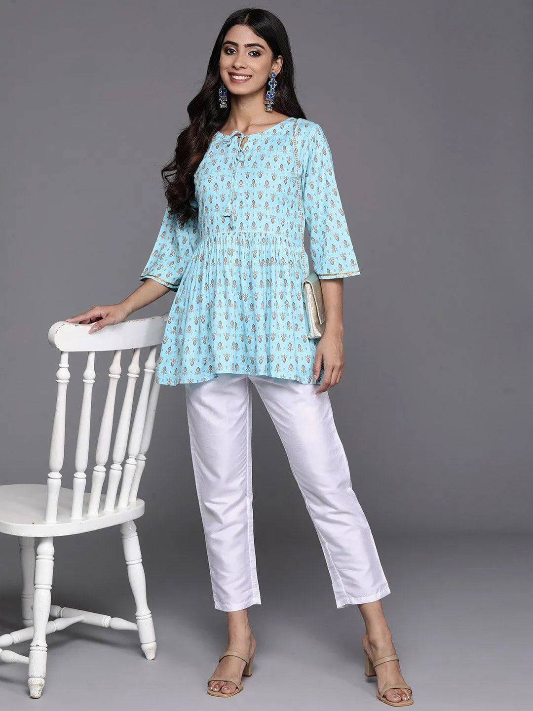 Blue Printed Rayon A-Line Kurti - Libas 