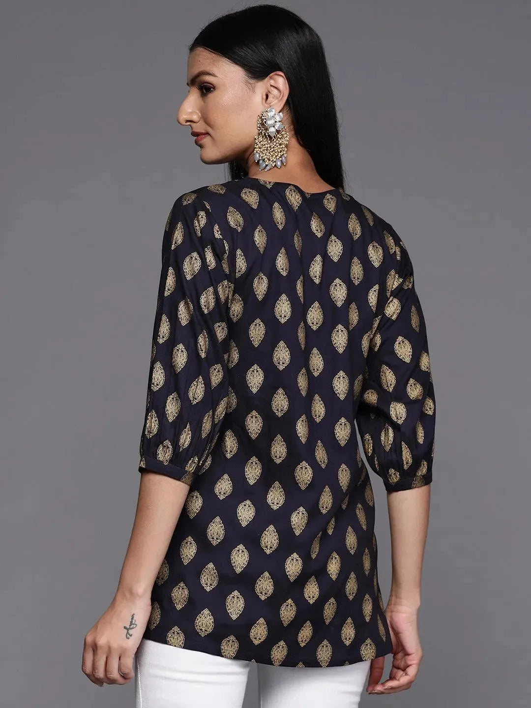 Blue Printed Rayon A-Line Kurti - Libas 