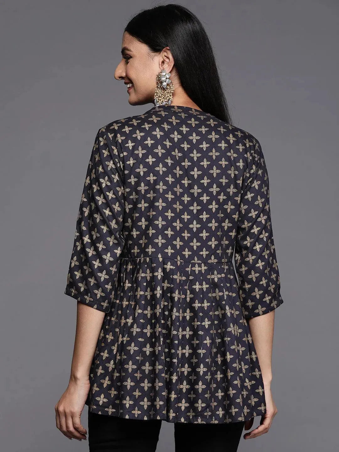 Blue Printed Rayon A-Line Kurti - Libas 