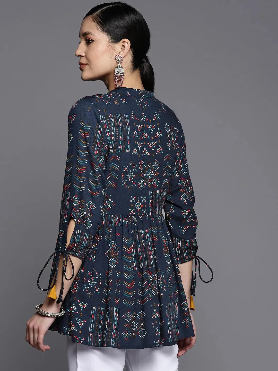 Blue Printed Rayon A-Line Kurti - Libas 