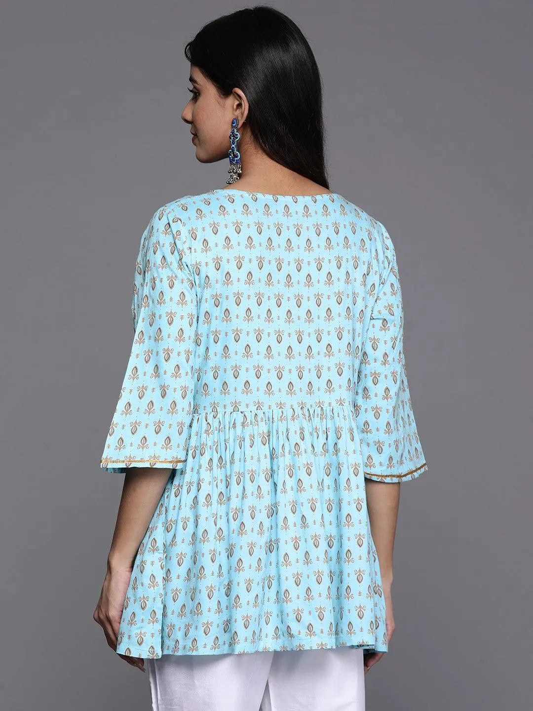 Blue Printed Rayon A-Line Kurti - Libas 