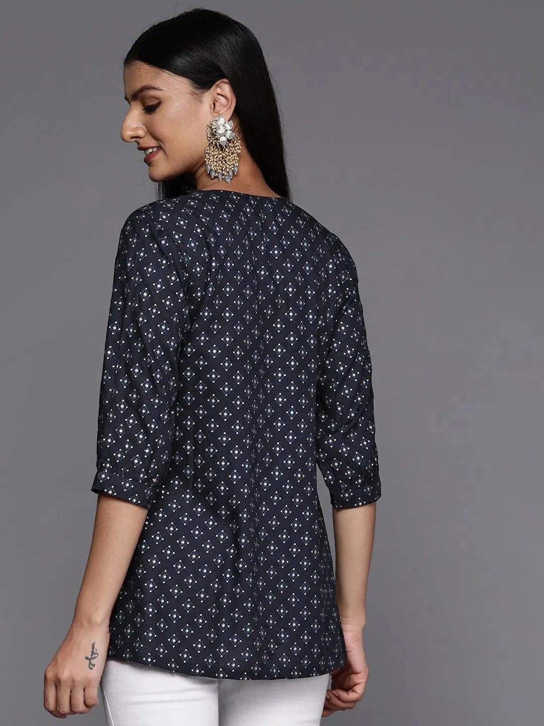 Blue Printed Rayon A-Line Kurti - Libas